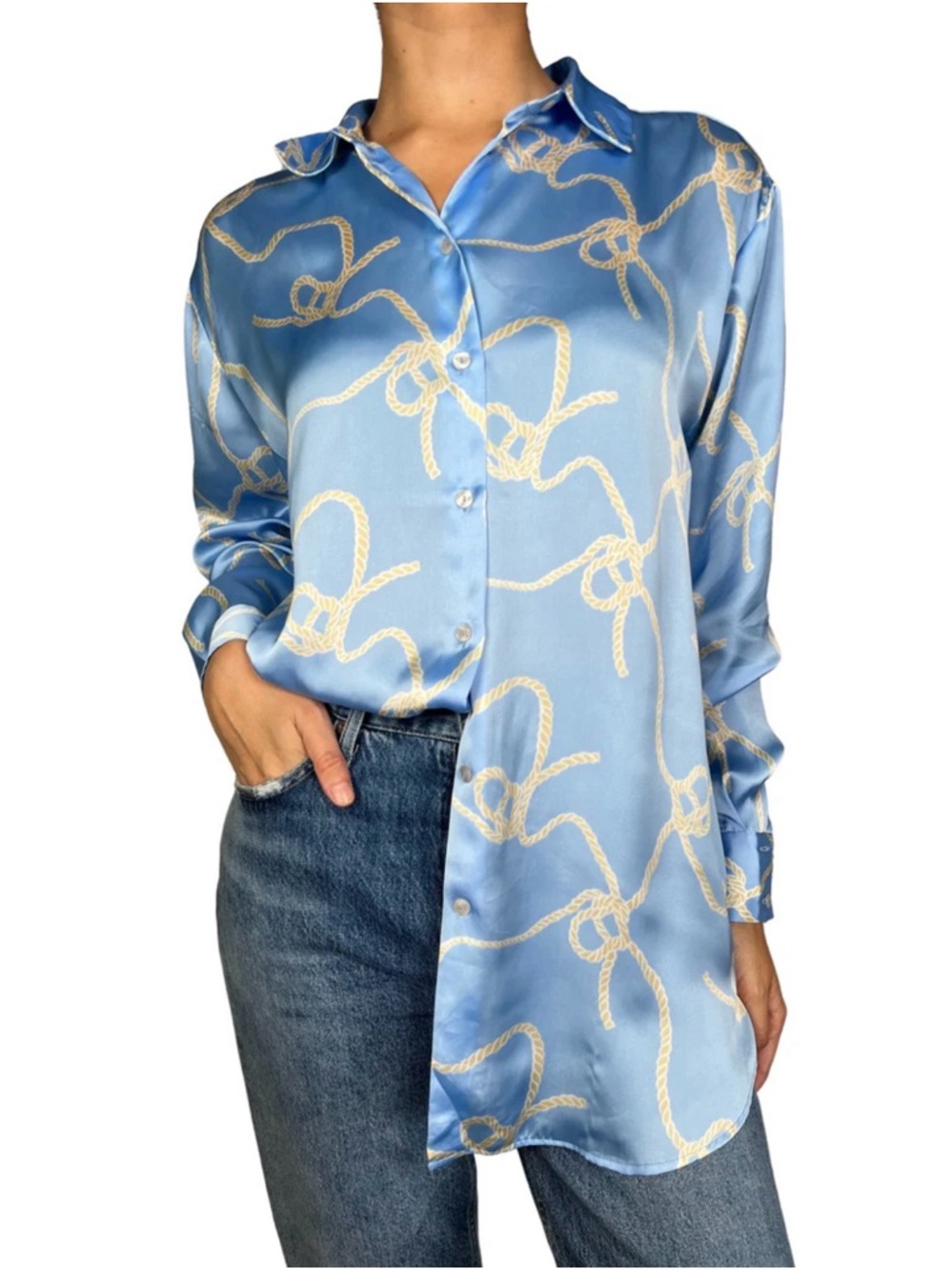 Zara Satin Rope-Print Button-Up Shirt in Light Blue size S. Never worn.